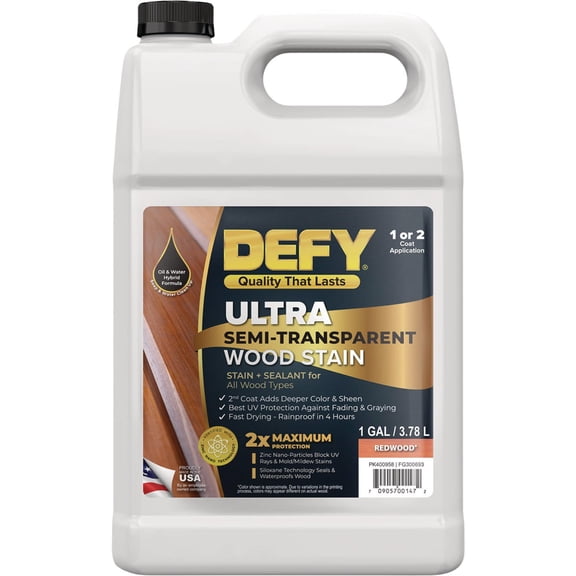 DEFY Ultra Semi-Transparent Outdoor Wood Stain and Sealer in One Redwood, 1 Gallon, Deck Stain and Sealer | Rich Color and Satin Sheen for All Wood Types
