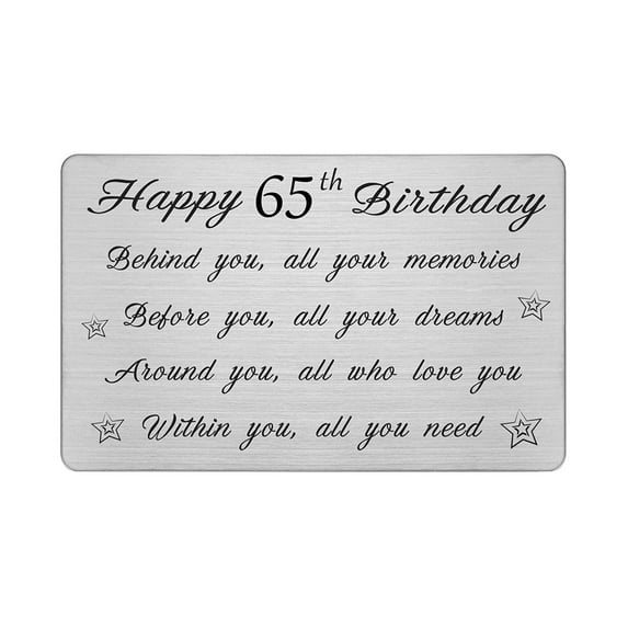 DEGASKEN 65th Birthday Greeting Cards For Men And Women, Engraved Stainless Metal Wallet Card