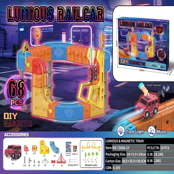 DEGIDEGI 68 Pcs 3D Anti-Gravity Magnetic Electric Train Set - Flexible DIY Track Building Kit with Motorized Train & Traffic Signs - STEM Car Toy for Kids