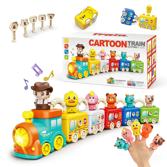 DEGIDEGI Montessori Farm Train Set, Rubber Toddler Learning Toy with Animals, Music & Lights, Finger Puppets, Ages 2+