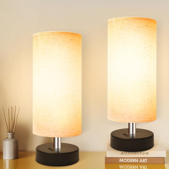 DEGNJU Small Lamp for Bedroom, Bedside Lamps for Night Stands, Mini Minimalist Table Lamp with Round Gray Fabric Shade, 9 Inch Desk Reading Lamp for Dorm Room Living Room Office Room, 2 Pack