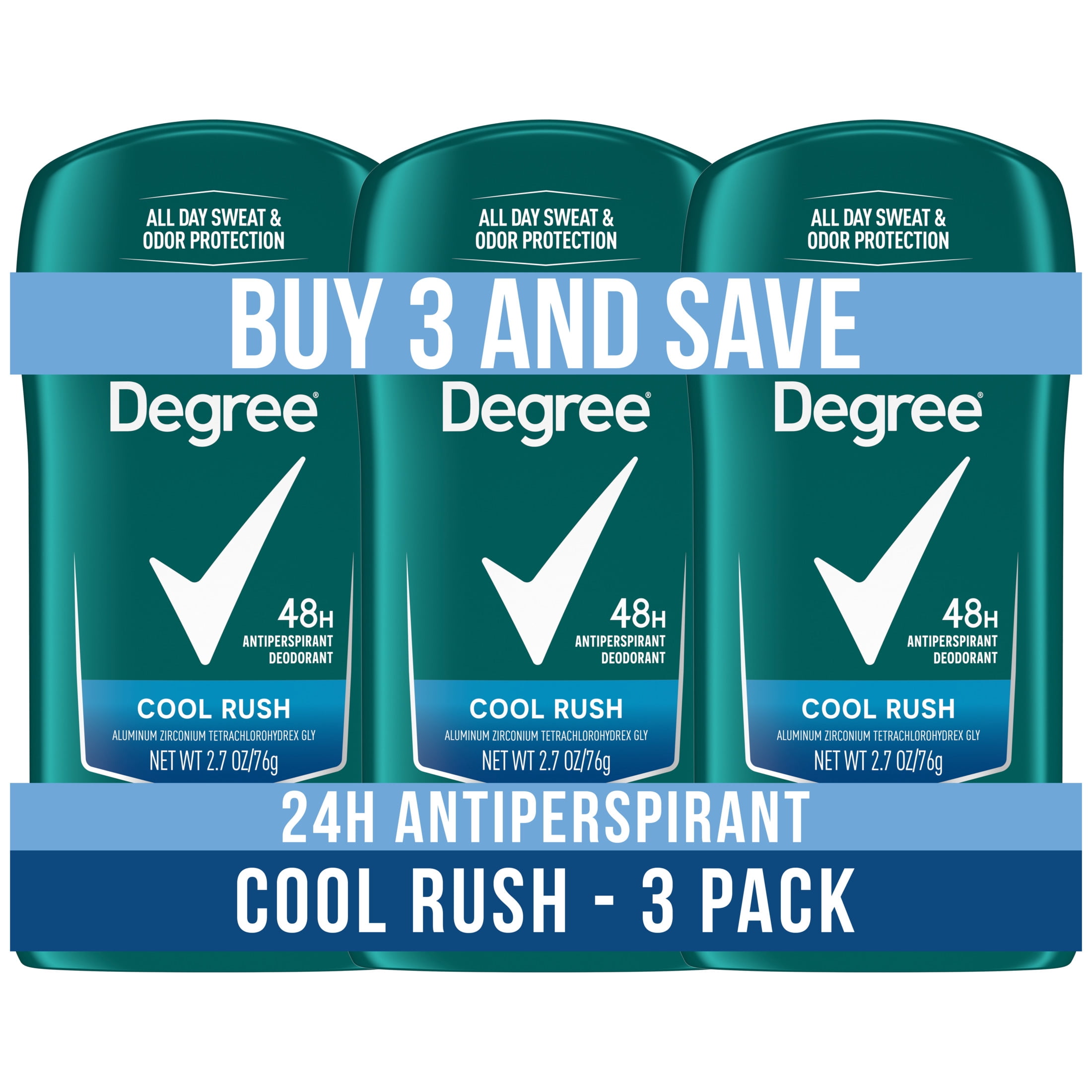 Degree Men Original Antiperspirant Deodorant 48-Hour Sweat & Odor Protection Cool Rush Antiperspirant For Men, 2.7 oz 3 pack