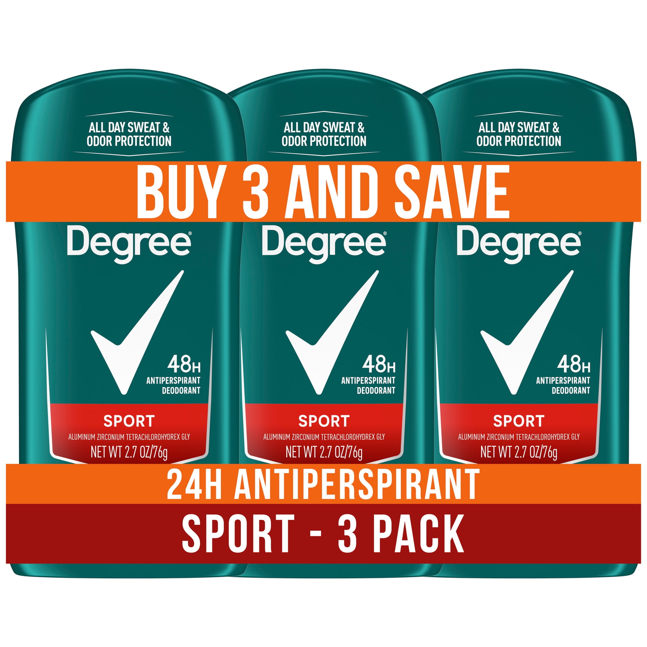 Degree Men Original Protection Antiperspirant Deodorant 48-Hour Sweat and Odor Protection Sport Antiperspirant For Men, 2.7 oz pack of 3