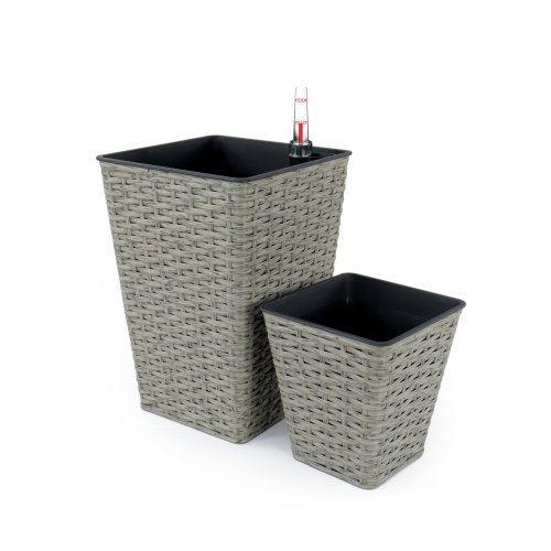 DEGUO 2-Pack Smart Self-watering Square Planter for Indoor and Outdoor - Hand Woven Wicker - Gray