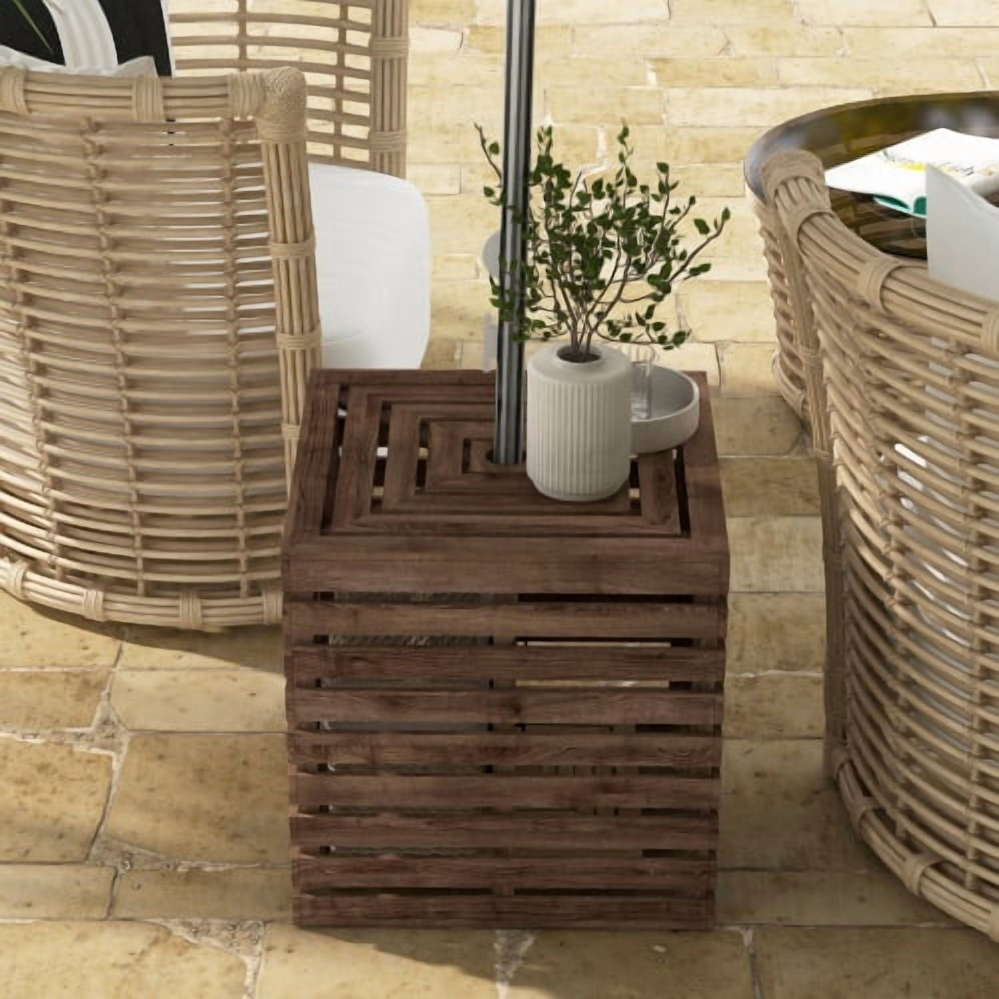 DEGUO 2-in-1 Outdoor Storage Box for Umbrella Base, Coffee End Table, Wooden Patio Umbrella Stand Table with Umbrella Hole, Brown
