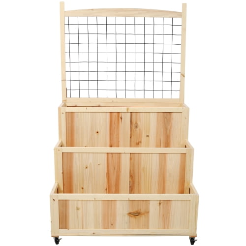 DEGUO 3-Tiers Raised Garden Bed with Trellis, 53" H Vertical Planter Box with Wheels & Back Storage Area, for Flowers, Vegetables, Herbs, Natural