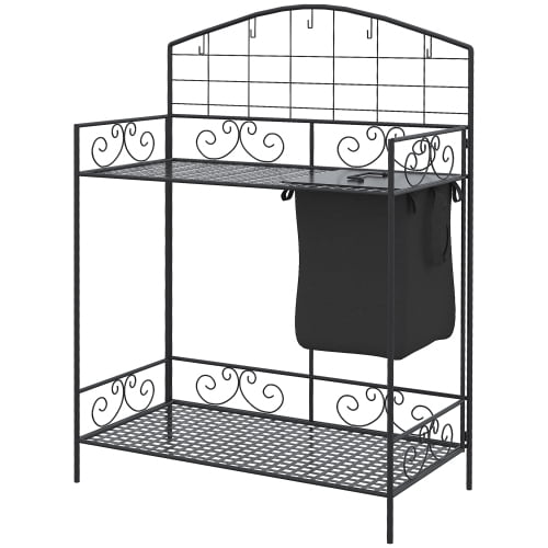 Chak’s Choice Folding Potting Bench Table, Metal Garden Workstation, Work Bench with Large Build-In Bag with Cover, 5 Hanging Hooks & Storage Shelf, Flourishes