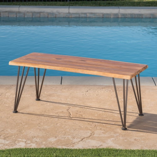 DEGUO Outdoor Industrial Iron and Teak Finished Acacia Wood Coffee Table, Teak Finish With Rustic Metal-Backyard Patio Furniture