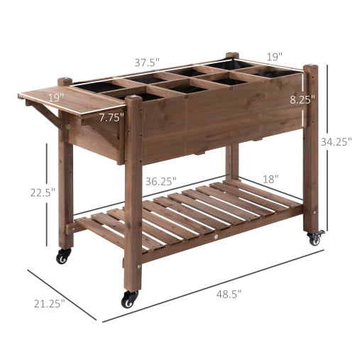 DEGUO Raised Garden Bed with 8 Grow Grids, Wooden Outdoor Plant Box Stand with Folding Side Table and Wheels, 49" x 21" x 34", for Vegetables, Flowers, Herbs, Brown