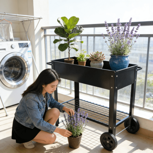 DEGUO Raised Garden Bed Outdoor with Wheels & Shelf for Mobility, Anti-Rust Steel Planter Box for Vegetables/Herbs, Patio-Balcony-Backyard