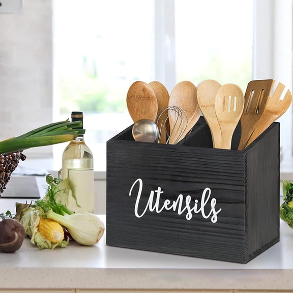 DEGUO Wooden Utensil Holder, Kitchen Counter Decor Utensil Caddy with 2 Compartments, Kitchen Tools Holder for Spatula Utensil Crock Caddy. (Black)
