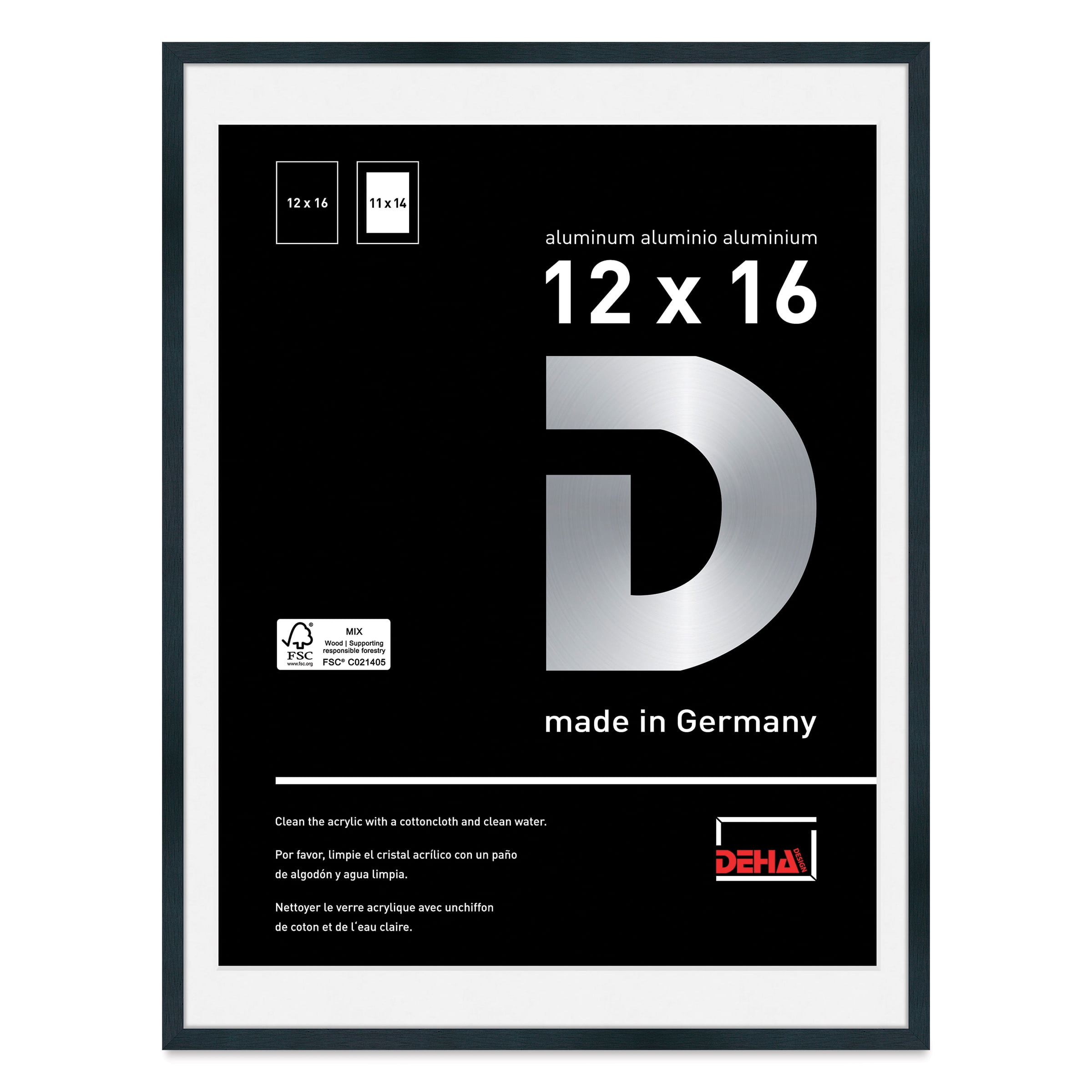 DEHA Design 12x16 with mat 11x14 Picture Frame Tribeca Soft Matt Black Aluminum Metal Frame With Shatter Resistant Acrylic Glass Horizontal And Vertical Format For Wall