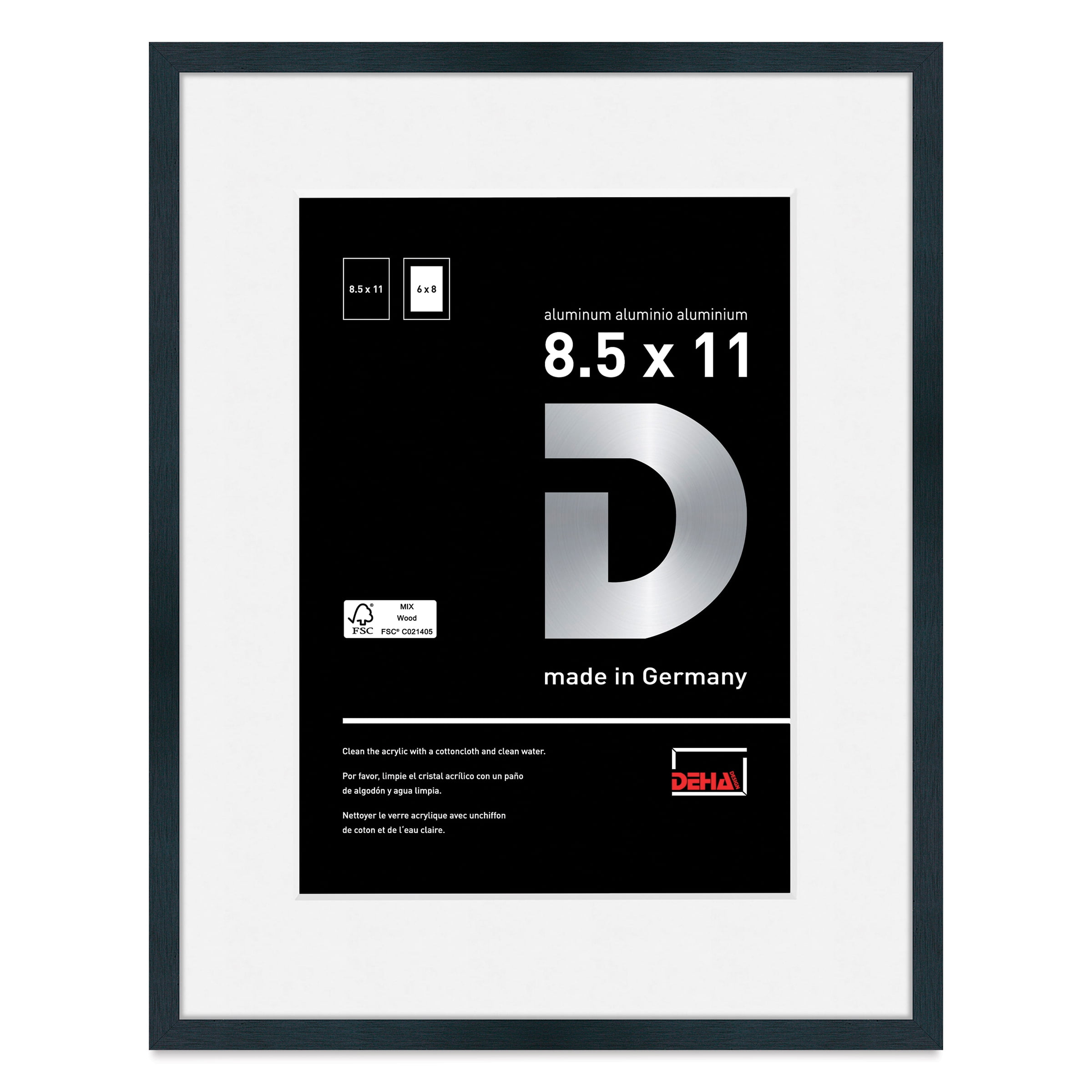 DEHA Design 8.5x11 with mat 6x8 Document, Certificate, Picture Frame Tribeca Soft Matt Black Aluminum Metal Frame With Shatter Resistant Acrylic Glass Horizontal And Vertical Format For Wall