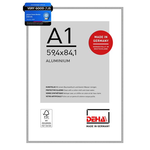DEHA Design Boston Aluminium A1 Frame Frosted Silver (59.4x84.1cm) for A1 Poster - with Protective Synthetic Glass and Push/Turn Clips - A1 Picture Frame For Prints & Artwork - Modern Home Dcor