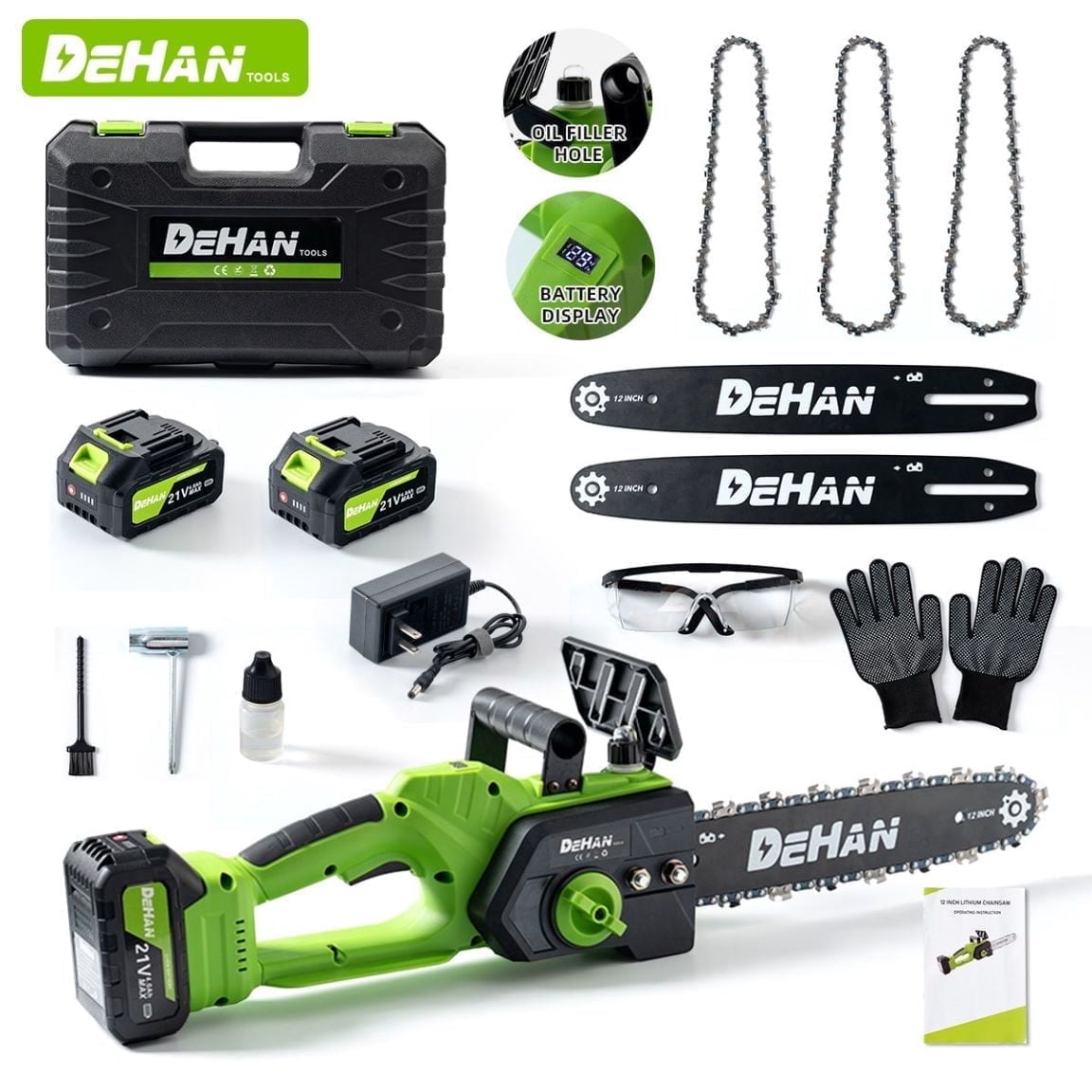 DEHANTOOLS 12 inch Cordless Chainsaw Brushless Chain saw 1000W Motor with 2 × 4.0Ah Batteries & 2 Guide Bars, 3 Chains, Lightweight Electric Handheld Saw for Tree Trimming, Wood Cutting, Pruning