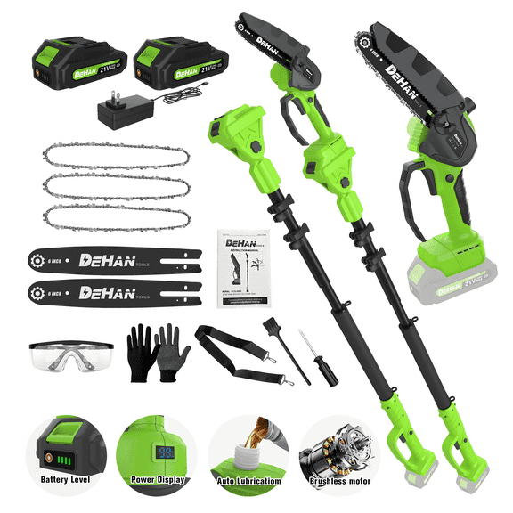 DEHANTOOLS 21V Brushless 2-in-1 Pole Chainsaw, Cordless Electric Pole Saw with Extendable Pole (Up to 15FT), Includes Shoulder Strap & Battery, Pole Saw for Effortless Tree Trimming and Wood Cutting