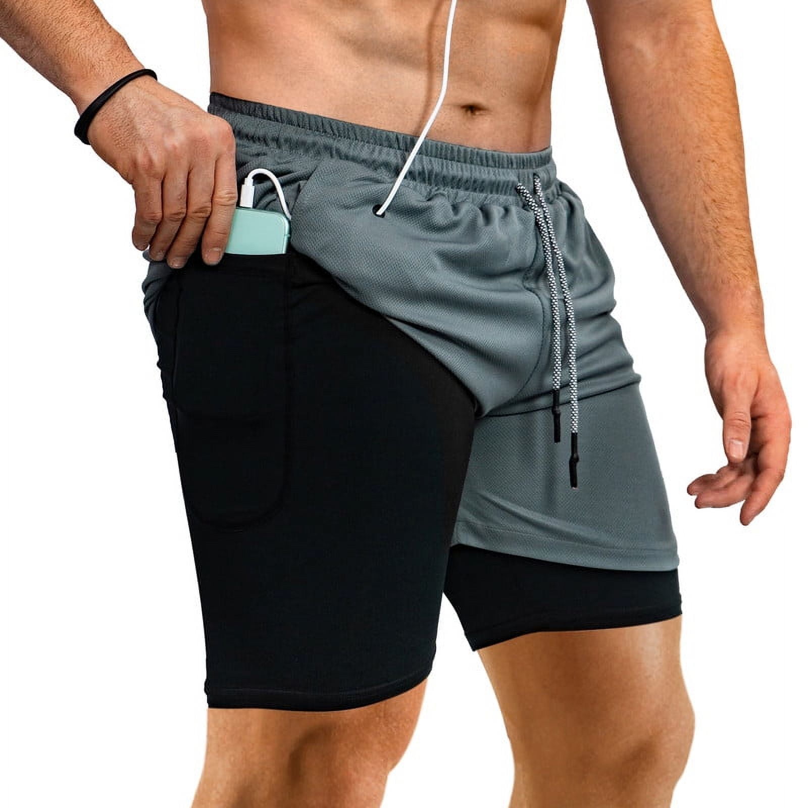 DEHORU Men's 2-in-1 Workout Gym Running Shorts Lightweight Short Pants with  Compression (BKCMWT M) 