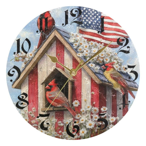 DEIARA 4th Of July Cardinal Bird Burgundy Butterfly Wall Clock 10in Silent Mechanism Battery Operated Retro Style for Living Room Bedroom and Kitchen Gold Pointer