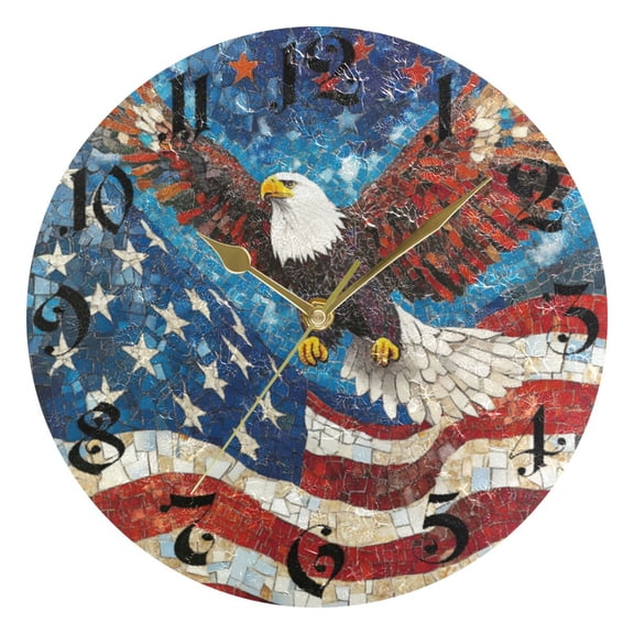 DEIARA American Flag Bald Eagle Burgundy Butterfly Wall Clock 10in Silent Mechanism Battery Operated Retro Style for Living Room Bedroom and Kitchen Gold Pointer