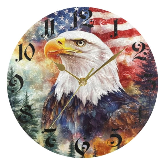 DEIARA American Flag Eagle Tree Burgundy Butterfly Wall Clock 10in Silent Mechanism Battery Operated Retro Style for Living Room Bedroom and Kitchen Gold Pointer