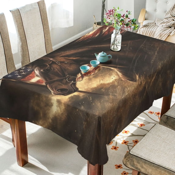 DEIARA American Flag Horse Square Tablecloth 60×60in Polyester Fabric Tablecloth Washable Dust Resistant Wrinkle Resistant