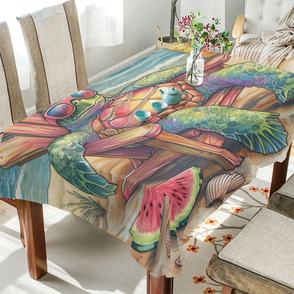 DEIARA Beach Turtles Square Tablecloth 54×54in Polyester Fabric Tablecloth Washable Dust Resistant Wrinkle Resistant