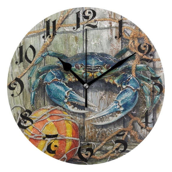 DEIARA Blue Crab Burgundy Butterfly Wall Clock 10in Silent Mechanism Battery Operated Retro Style for Living Room Bedroom and Kitchen Black Pointer