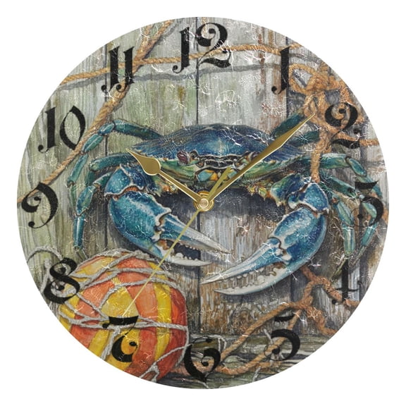 DEIARA Blue Crab Burgundy Butterfly Wall Clock 10in Silent Mechanism Battery Operated Retro Style for Living Room Bedroom and Kitchen Gold Pointer