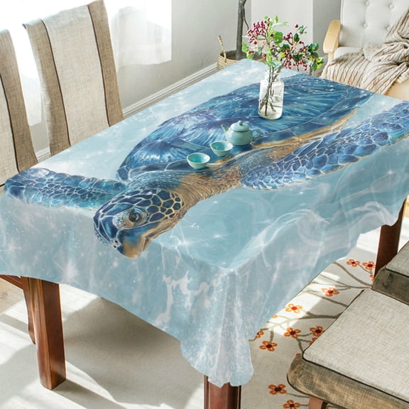 DEIARA Blue Sea Turtle Square Tablecloth 60×108in Polyester Fabric Tablecloth Washable Dust Resistant Wrinkle Resistant
