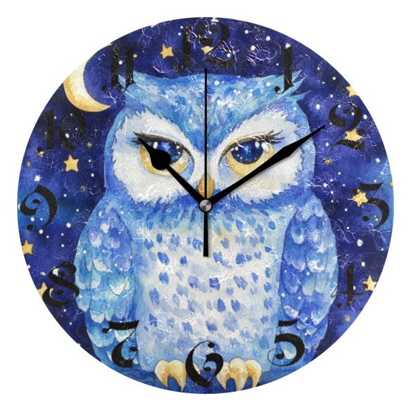 DEIARA Blue Starry Owl Burgundy Butterfly Wall Clock 10in Silent Mechanism Battery Operated Retro Style for Living Room Bedroom and Kitchen Black Pointer