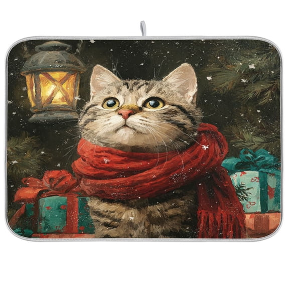 DEIARA Christmas Cat Kitchen Drying Mat Heat Resistant Drainage with Non-Slip Rubber Backing Hides Stains Super Absorbent Easy to Clean 16×18in