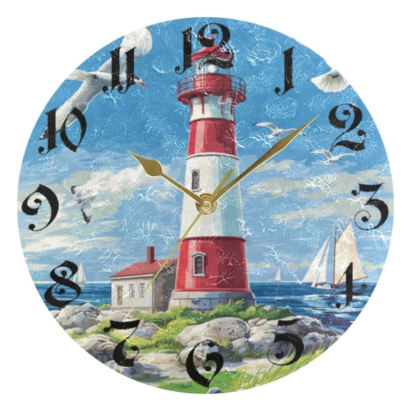 DEIARA Coastal Lighthouse Burgundy Butterfly Wall Clock 10in Silent Mechanism Battery Operated Retro Style for Living Room Bedroom and Kitchen Gold Pointer