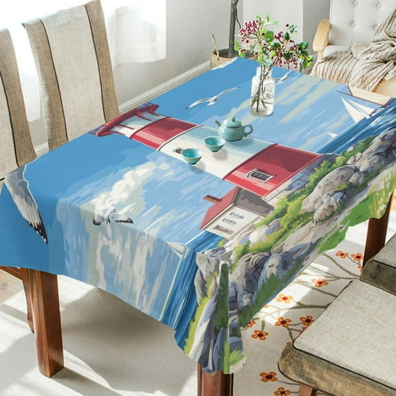 DEIARA Coastal Lighthouse Square Tablecloth 54×72in Polyester Fabric Tablecloth Washable Dust Resistant Wrinkle Resistant
