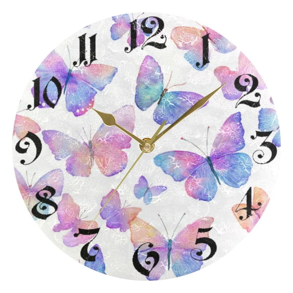 DEIARA Colorful Butterflies Burgundy Butterfly Wall Clock 10in Silent Mechanism Battery Operated Retro Style for Living Room Bedroom and Kitchen Gold Pointer