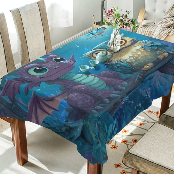 DEIARA Cute Dragon Owl Square Tablecloth 54×54in Polyester Fabric Tablecloth Washable Dust Resistant Wrinkle Resistant