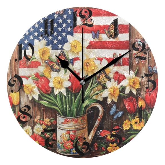 DEIARA Daffodil Pots Burgundy Butterfly Wall Clock 10in Silent Mechanism Battery Operated Retro Style for Living Room Bedroom and Kitchen Black Pointer