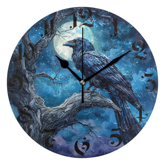 DEIARA Dead Trees Dark Crows Burgundy Butterfly Wall Clock 10in Silent Mechanism Battery Operated Retro Style for Living Room Bedroom and Kitchen Black Pointer