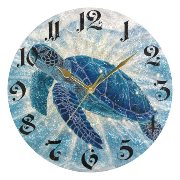 DEIARA Deep Blue Sea Turtle Burgundy Butterfly Wall Clock 10in Silent Mechanism Battery Operated Retro Style for Living Room Bedroom and Kitchen Gold Pointer