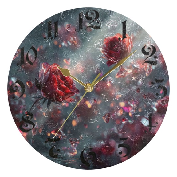 DEIARA Diamond Rose Burgundy Butterfly Wall Clock 10in Silent Mechanism Battery Operated Retro Style for Living Room Bedroom and Kitchen Gold Pointer