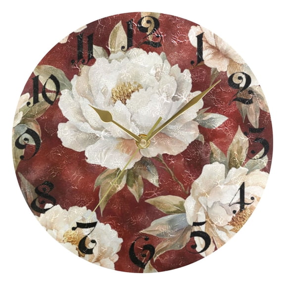 DEIARA Elegant Peony Burgundy Butterfly Wall Clock 10in Silent Mechanism Battery Operated Retro Style for Living Room Bedroom and Kitchen Gold Pointer