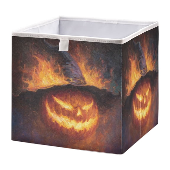 DEIARA Flaming Pumpkin Storage Basket Foldable Easy to Clean Durable with Hollow Support Plate with Handle 11.02×11.02×11.02 in