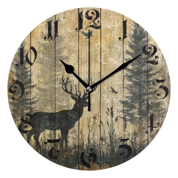 DEIARA Forest Deer Shadow Burgundy Butterfly Wall Clock 10in Silent Mechanism Battery Operated Retro Style for Living Room Bedroom and Kitchen Black Pointer