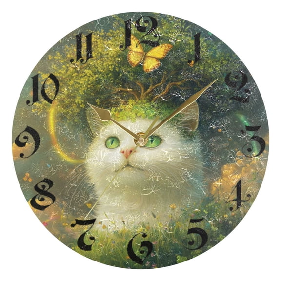 DEIARA Forest White Cat Burgundy Butterfly Wall Clock 10in Silent Mechanism Battery Operated Retro Style for Living Room Bedroom and Kitchen Gold Pointer