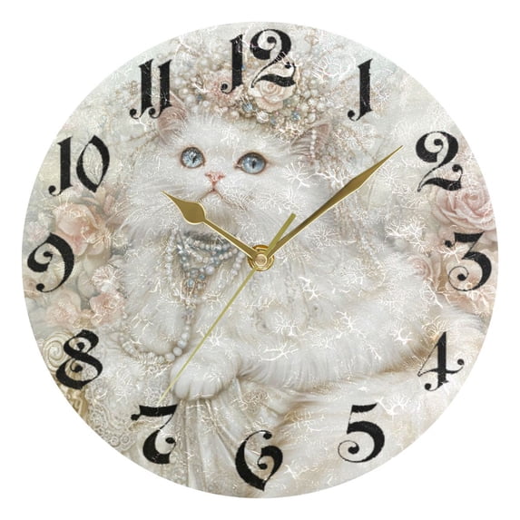 DEIARA Gorgeous White Cat Burgundy Butterfly Wall Clock 10in Silent Mechanism Battery Operated Retro Style for Living Room Bedroom and Kitchen Gold Pointer