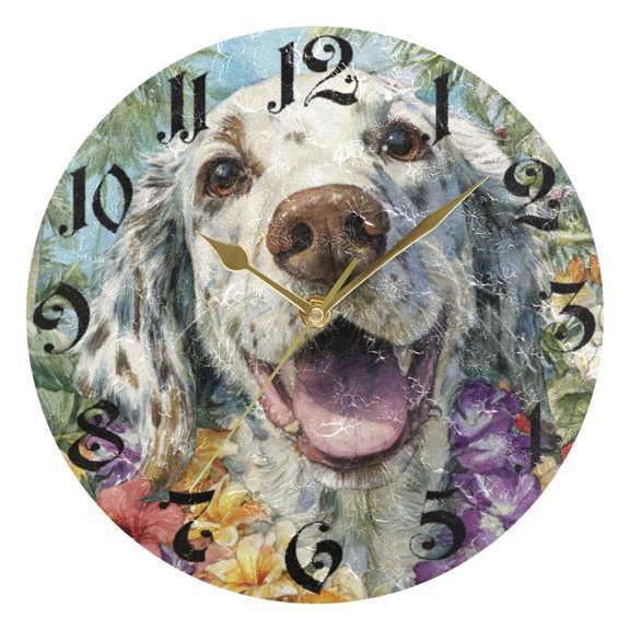 DEIARA Happy English Setter Dog Burgundy Butterfly Wall Clock 10in Silent Mechanism Battery Operated Retro Style for Living Room Bedroom and Kitchen Gold Pointer