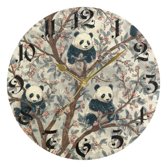 DEIARA Panda Pattern Burgundy Butterfly Wall Clock 10in Silent Mechanism Battery Operated Retro Style for Living Room Bedroom and Kitchen Gold Pointer