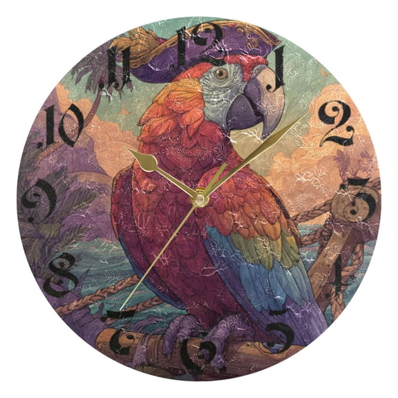 DEIARA Pirate Parrot Burgundy Butterfly Wall Clock 10in Silent Mechanism Battery Operated Retro Style for Living Room Bedroom and Kitchen Gold Pointer