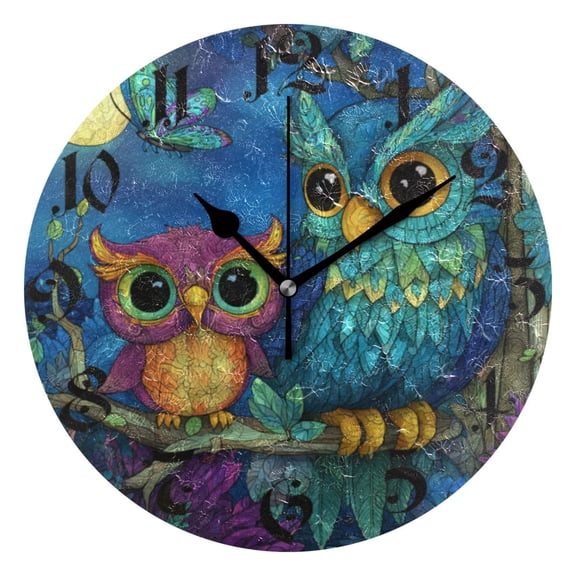 DEIARA Pretty Owl Burgundy Butterfly Wall Clock 10in Silent Mechanism Battery Operated Retro Style for Living Room Bedroom and Kitchen Black Pointer