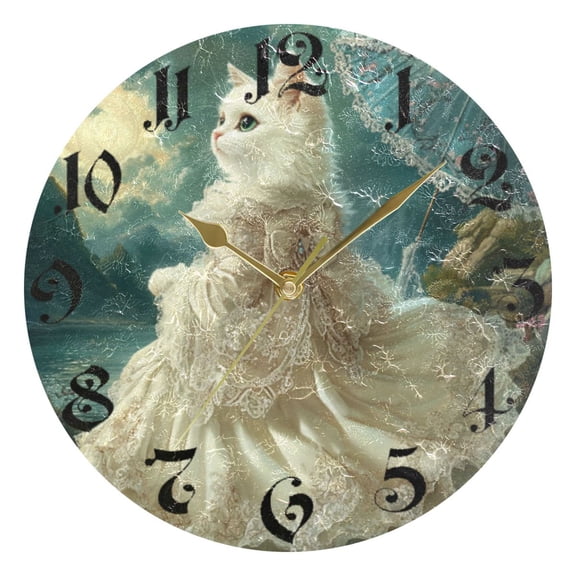 DEIARA Princess White Cat Burgundy Butterfly Wall Clock 10in Silent Mechanism Battery Operated Retro Style for Living Room Bedroom and Kitchen Gold Pointer