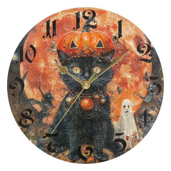 DEIARA Pumpkin Element Black Cat Burgundy Butterfly Wall Clock 10in Silent Mechanism Battery Operated Retro Style for Living Room Bedroom and Kitchen Gold Pointer